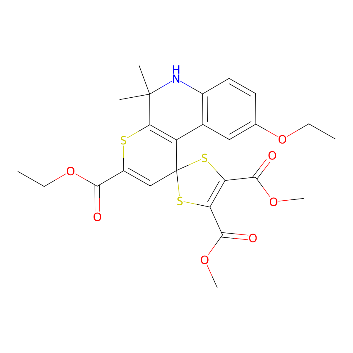 3'-Ethyl 4,5-dimethyl 9'-ethoxy-5',5'-dimethyl-5',6'-dihydrospiro[1,3-dithiole-2,1'-thiopyrano[2,3-c]quinoline]-3',4,5-tricarboxylate molecular structure, CAS 511514-82-2