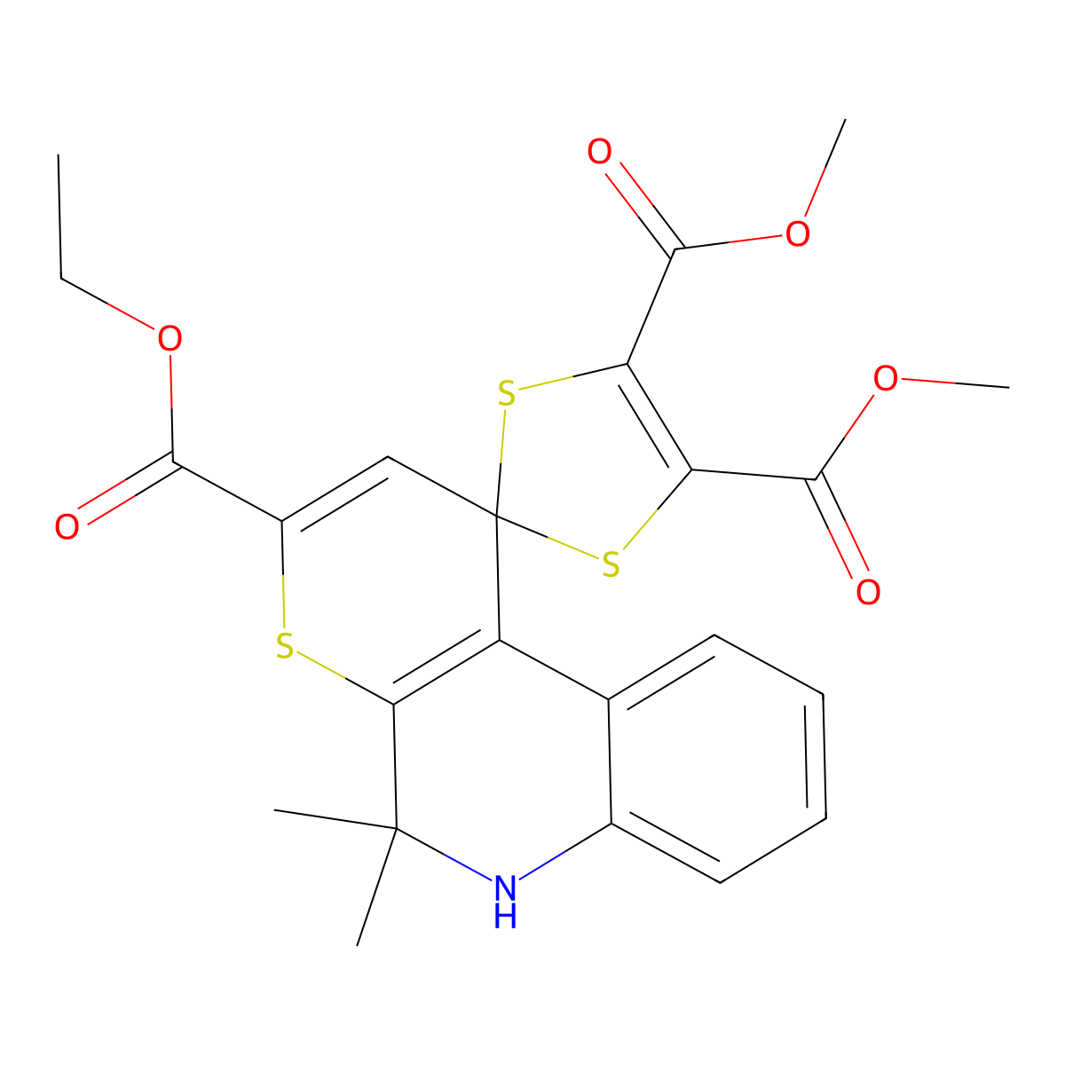 3'-Ethyl 4,5-dimethyl 5',5'-dimethyl-5',6'-dihydrospiro[1,3-dithiole-2,1'-thiopyrano[2,3-c]quinoline]-3',4,5-tricarboxylate molecular structure, CAS 511514-83-3