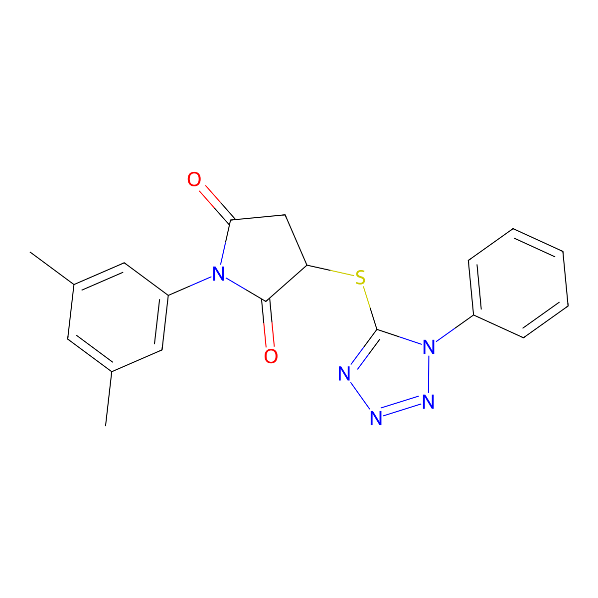 1-(3,5-dimethylphenyl)-3-[(1-phenyl-1H-tetrazol-5-yl)sulfanyl]pyrrolidine-2,5-dione molecular structure, CAS 511515-05-2