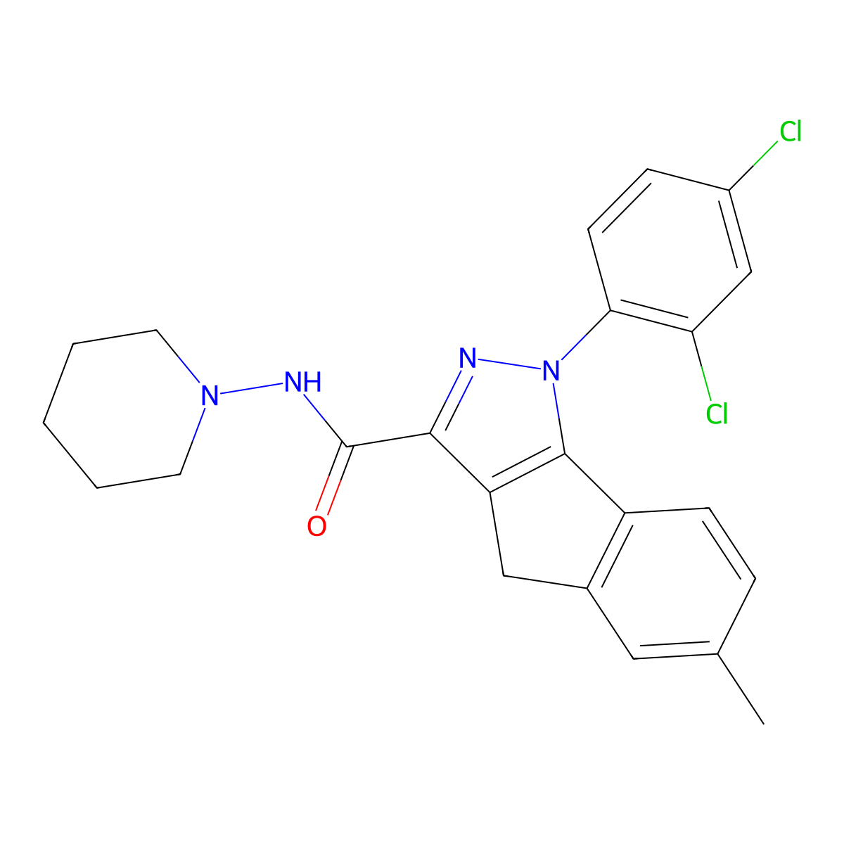 N-(Piperidin-1-yl)-1-(2,4-dichlorophenyl)-1,4-dihydro-6-methylindeno[1,2-c]pyrazole-3-carboxamide molecular structure, CAS 511532-96-0