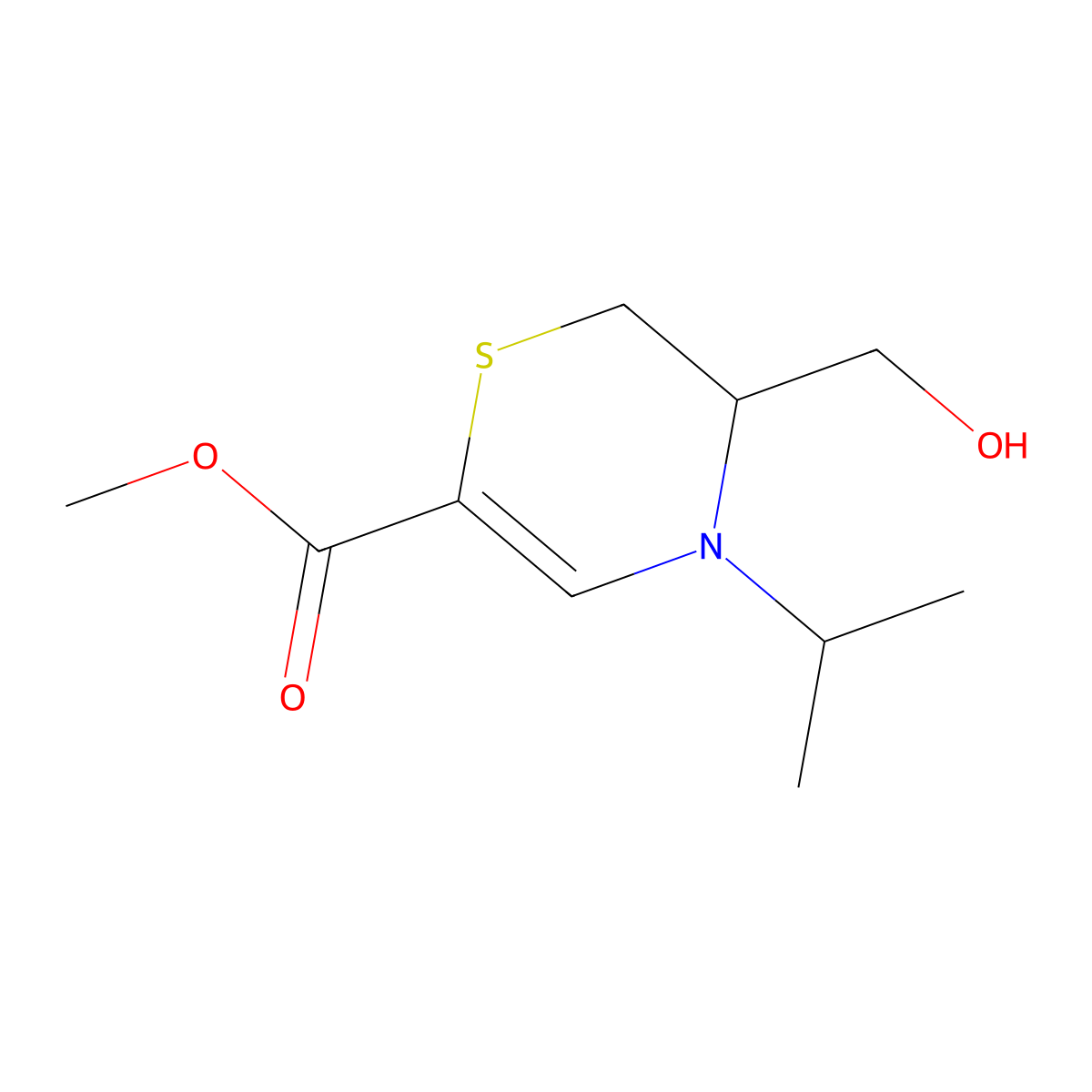 2H-1,4-Thiazine-6-carboxylic acid, 3,4-dihydro-3-(hydroxymethyl)-4-(1-methylethyl)-, methyl ester, (R)- molecular structure, CAS 51208-58-3