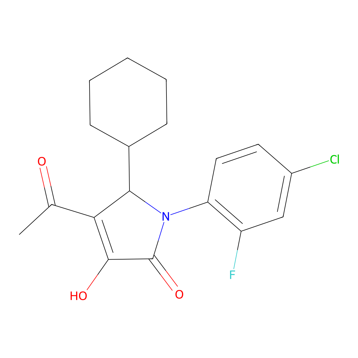 2H-Pyrrol-2-one, 4-acetyl-1-(4-chloro-2-fluorophenyl)-5-cyclohexyl-1,5-dihydro-3-hydroxy- molecular structure, CAS 512177-31-0