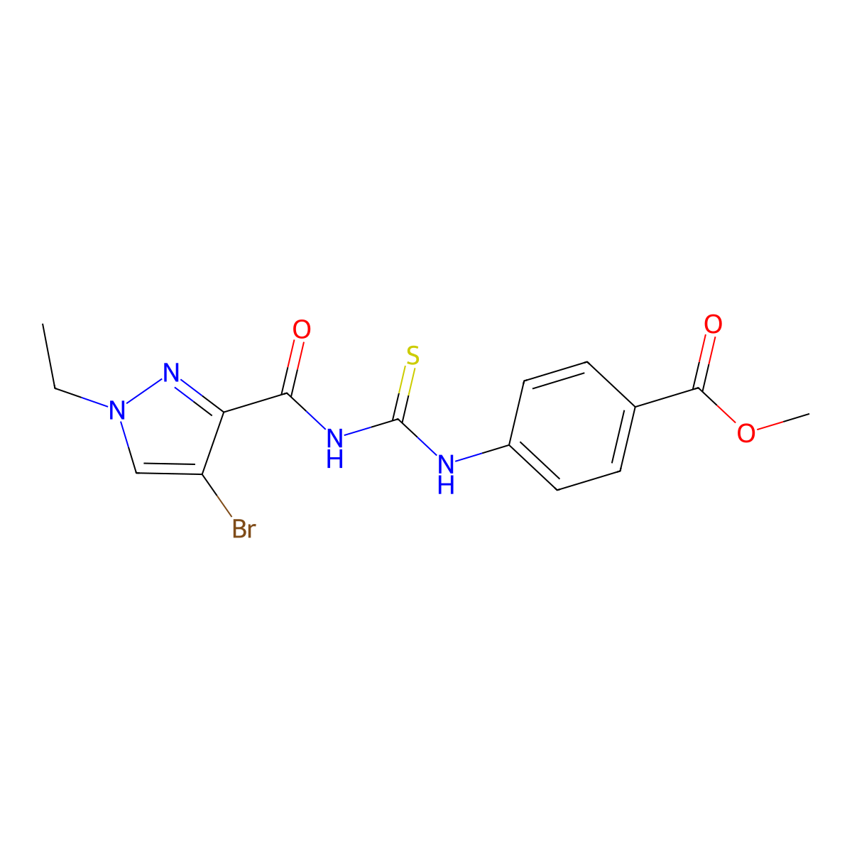 methyl 4-[({[(4-bromo-1-ethyl-1H-pyrazol-3-yl)carbonyl]amino}carbothioyl)amino]benzoate molecular structure, CAS 512807-32-8