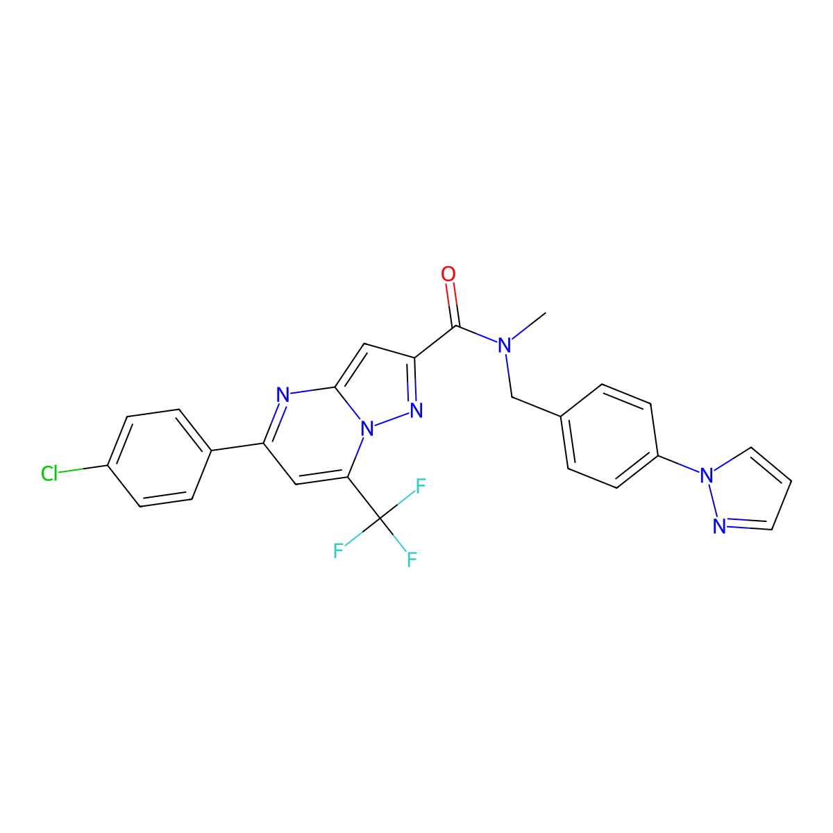 5-(4-chlorophenyl)-N-methyl-N-[(4-pyrazol-1-ylphenyl)methyl]-7-(trifluoromethyl)pyrazolo[1,5-a]pyrimidine-2-carboxamide molecular structure, CAS 512807-57-7