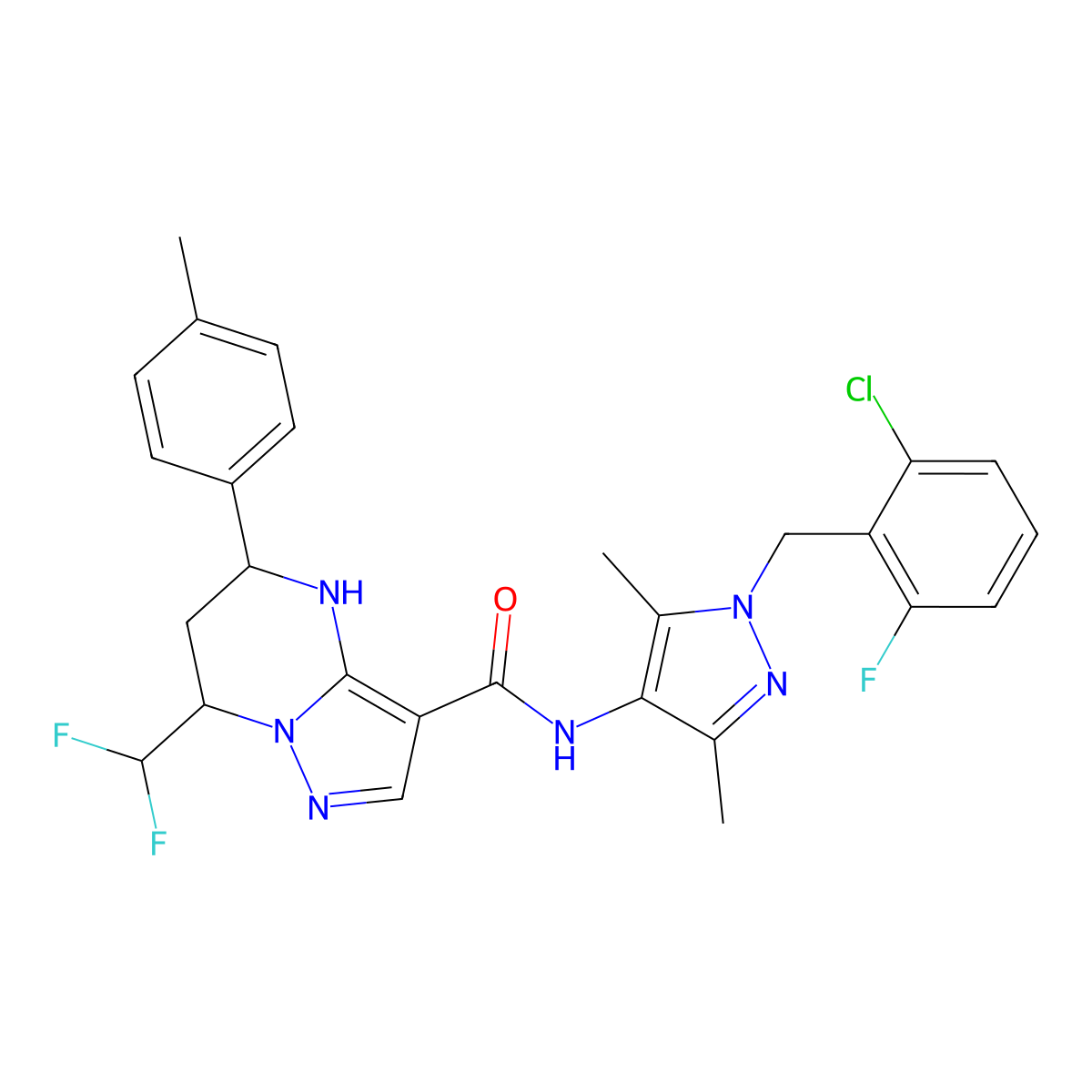 N-[1-(2-chloro-6-fluorobenzyl)-3,5-dimethyl-1H-pyrazol-4-yl]-7-(difluoromethyl)-5-(4-methylphenyl)-4,5,6,7-tetrahydropyrazolo[1,5-a]pyrimidine-3-carboxamide molecular structure, CAS 512807-86-2