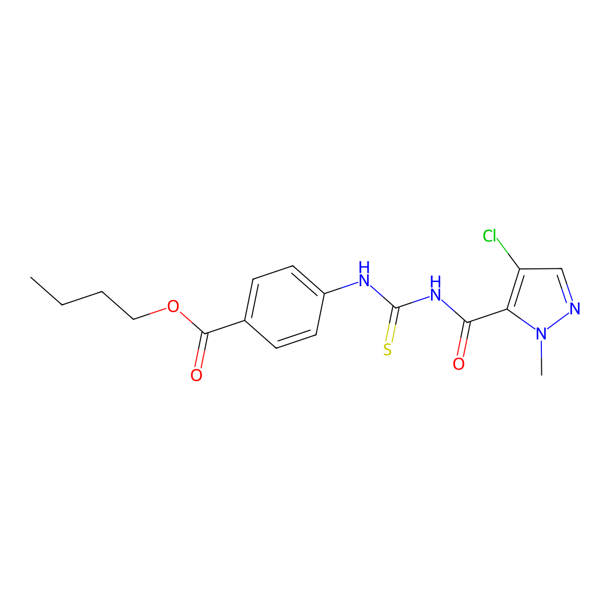 butyl 4-[({[(4-chloro-1-methyl-1H-pyrazol-5-yl)carbonyl]amino}carbothioyl)amino]benzoate molecular structure, CAS 512808-29-6