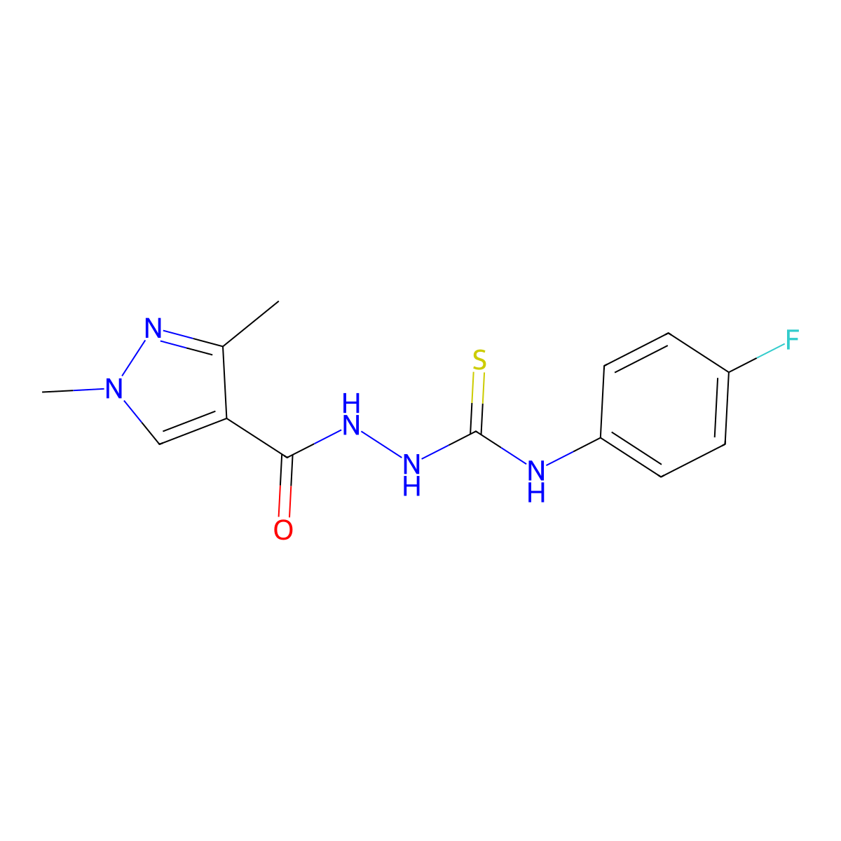 2-[(1,3-dimethyl-1H-pyrazol-4-yl)carbonyl]-N-(4-fluorophenyl)hydrazinecarbothioamide molecular structure, CAS 512808-39-8