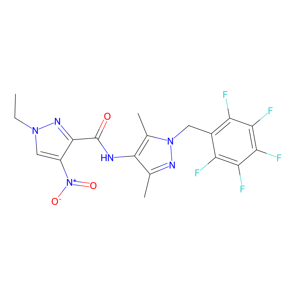 N-[3,5-dimethyl-1-(2,3,4,5,6-pentafluorobenzyl)-1H-pyrazol-4-yl]-1-ethyl-4-nitro-1H-pyrazole-3-carboxamide molecular structure, CAS 512808-43-4