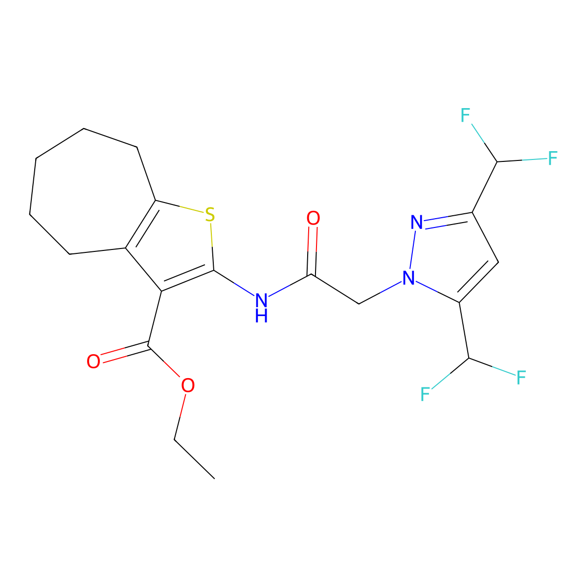 ethyl 2-({[3,5-bis(difluoromethyl)-1H-pyrazol-1-yl]acetyl}amino)-5,6,7,8-tetrahydro-4H-cyclohepta[b]thiophene-3-carboxylate molecular structure, CAS 512808-44-5