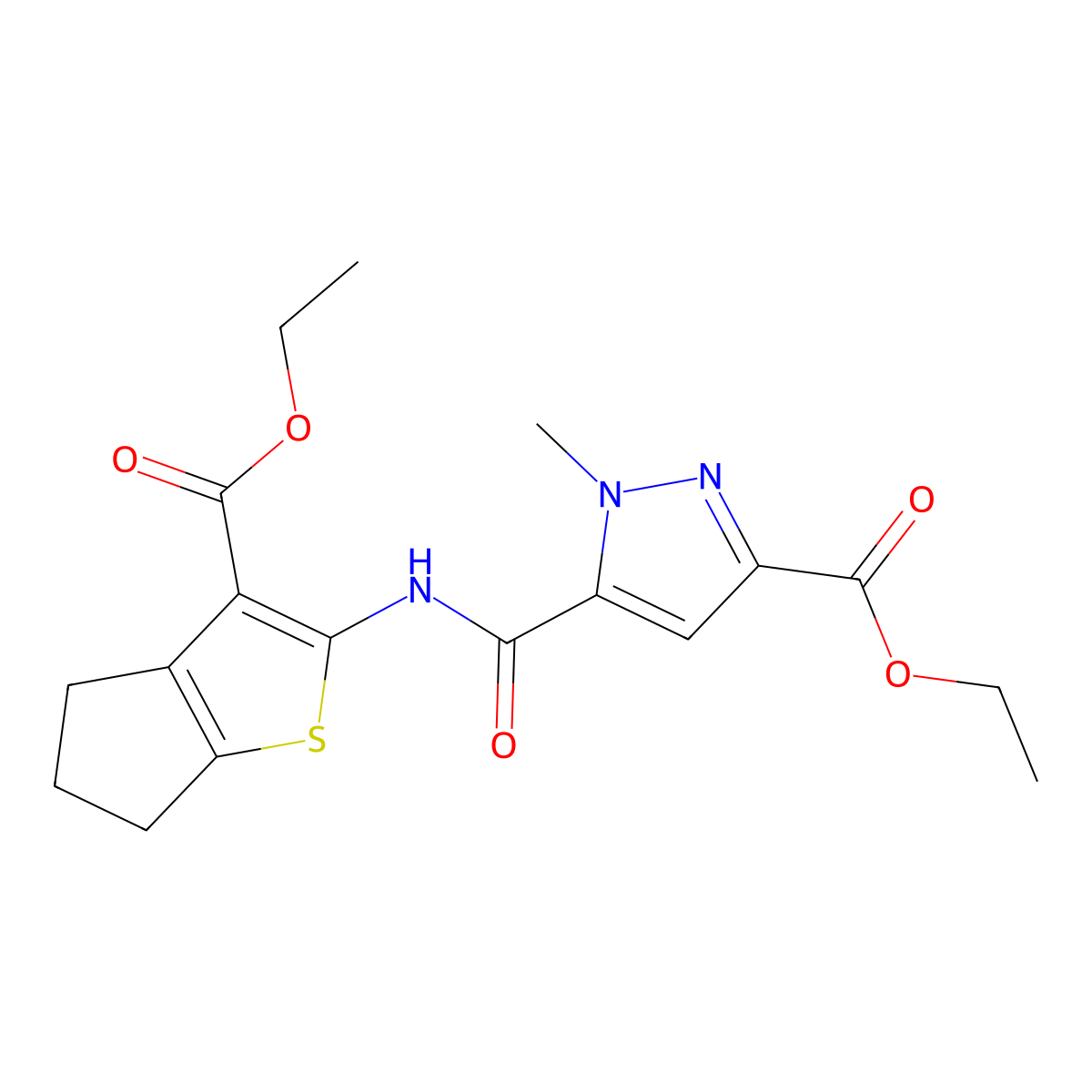 ethyl 5-[(3-ethoxycarbonyl-5,6-dihydro-4H-cyclopenta[b]thiophen-2-yl)carbamoyl]-1-methylpyrazole-3-carboxylate molecular structure, CAS 512808-48-9