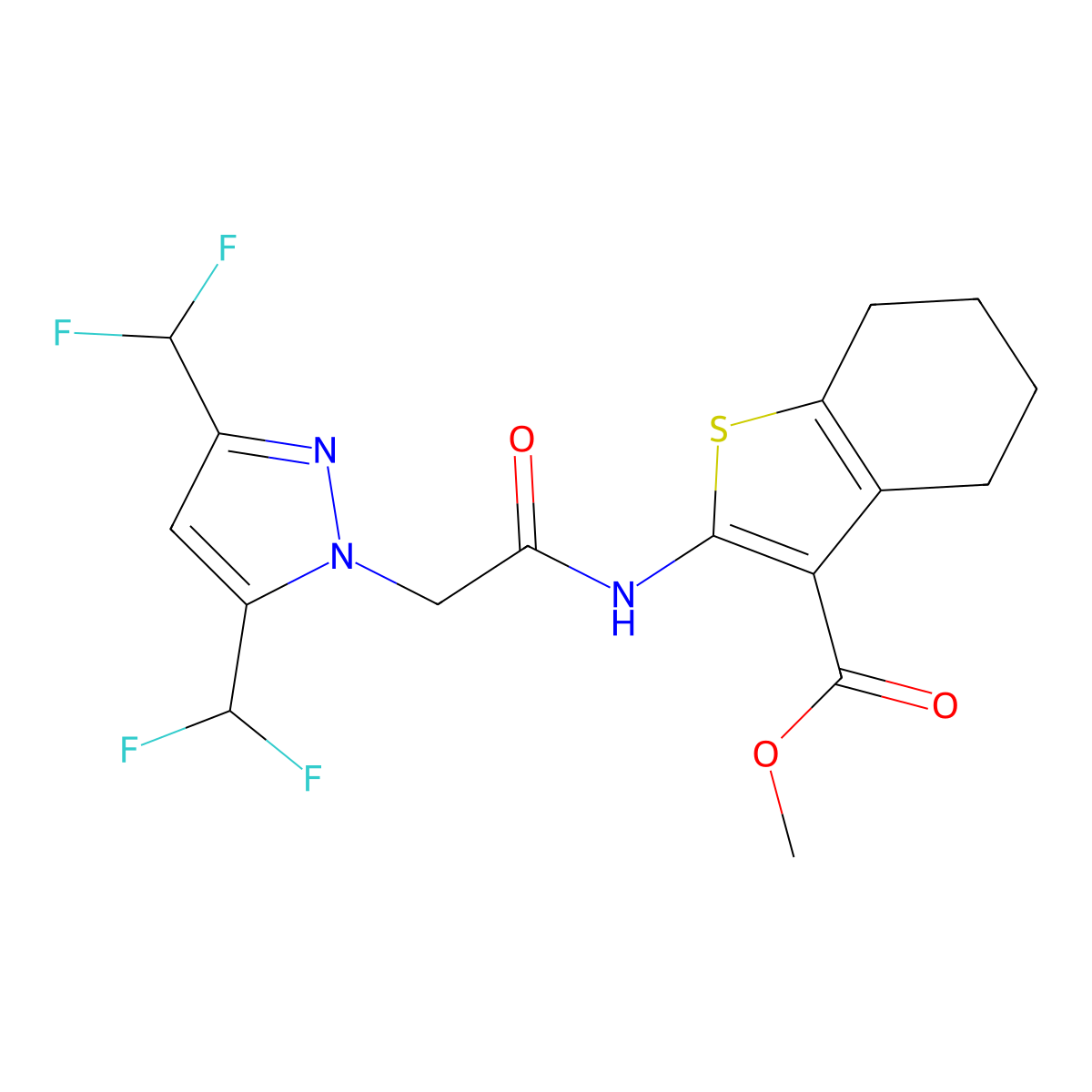 methyl 2-({[3,5-bis(difluoromethyl)-1H-pyrazol-1-yl]acetyl}amino)-4,5,6,7-tetrahydro-1-benzothiophene-3-carboxylate molecular structure, CAS 512808-58-1