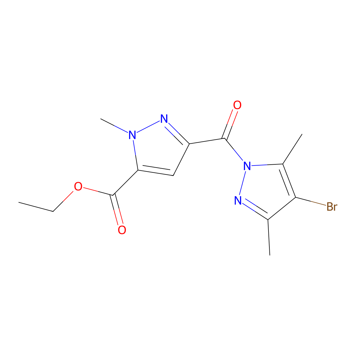 ethyl 3-[(4-bromo-3,5-dimethyl-1H-pyrazol-1-yl)carbonyl]-1-methyl-1H-pyrazole-5-carboxylate molecular structure, CAS 512808-61-6