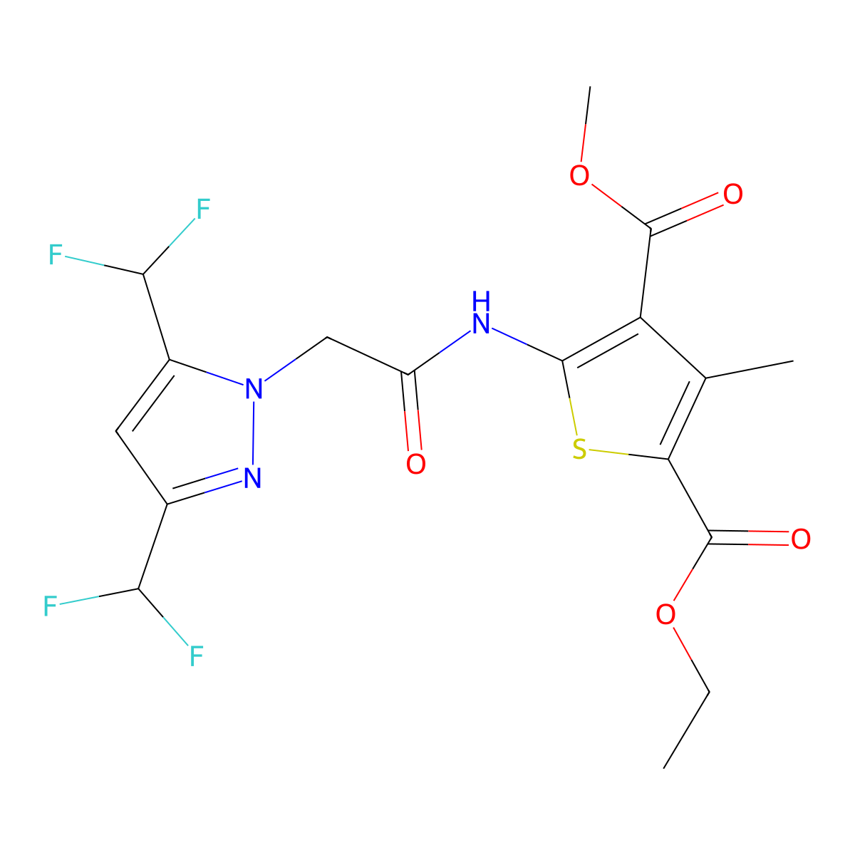 2-ethyl 4-methyl 5-({[3,5-bis(difluoromethyl)-1H-pyrazol-1-yl]acetyl}amino)-3-methyl-2,4-thiophenedicarboxylate molecular structure, CAS 512808-63-8