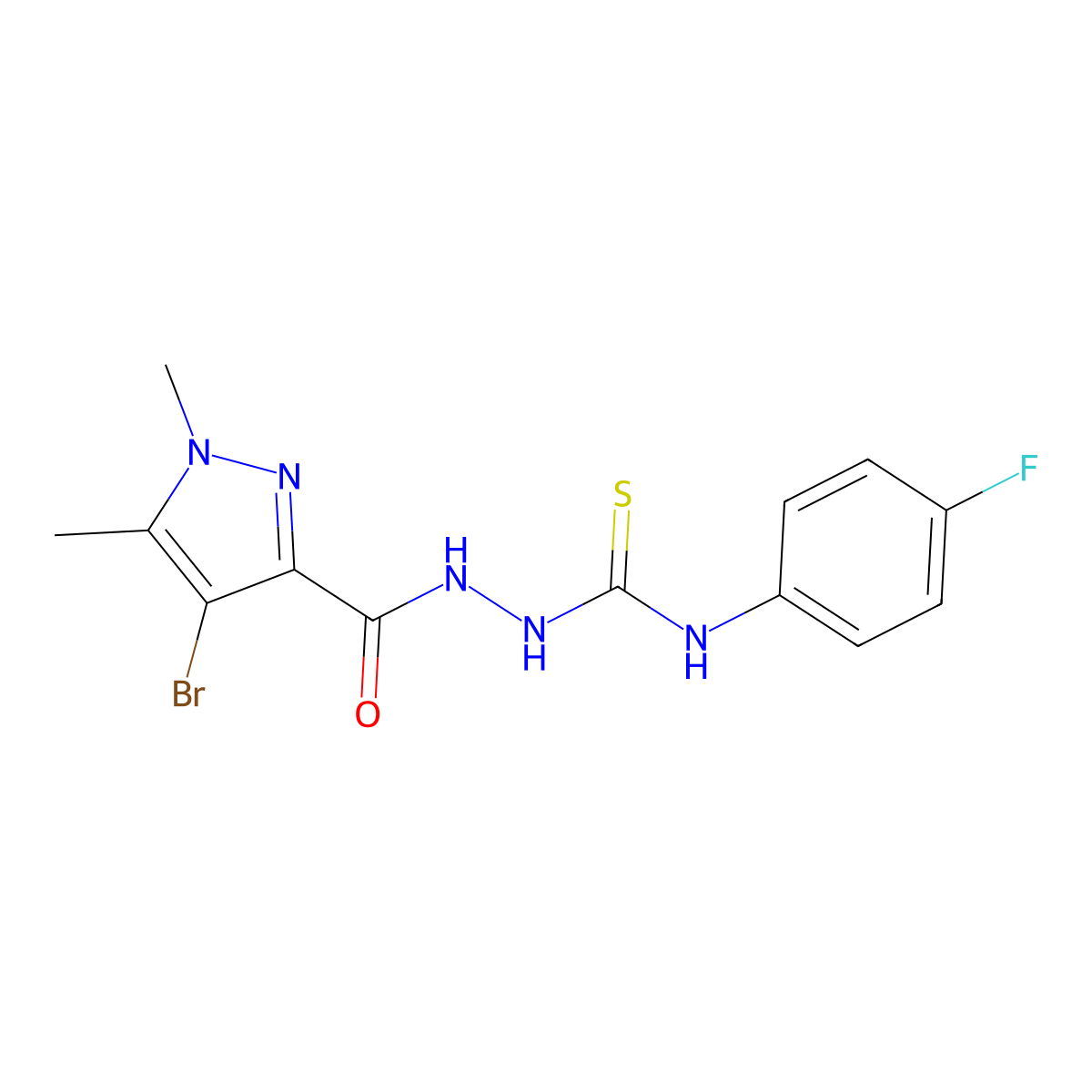 1-[(4-Bromo-1,5-dimethylpyrazole-3-carbonyl)amino]-3-(4-fluorophenyl)thiourea molecular structure, CAS 512808-64-9