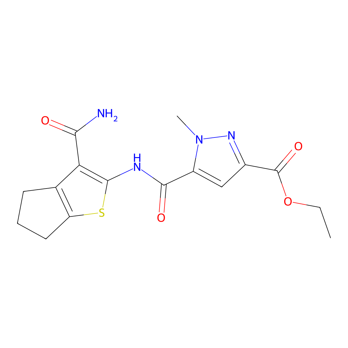 ethyl 5-[(3-carbamoyl-5,6-dihydro-4H-cyclopenta[b]thiophen-2-yl)carbamoyl]-1-methylpyrazole-3-carboxylate molecular structure, CAS 512808-68-3