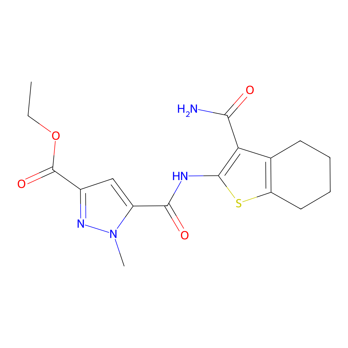 Ethyl 5-[(3-carbamoyl-4,5,6,7-tetrahydro-1-benzothiophen-2-yl)carbamoyl]-1-methylpyrazole-3-carboxylate molecular structure, CAS 512808-86-5
