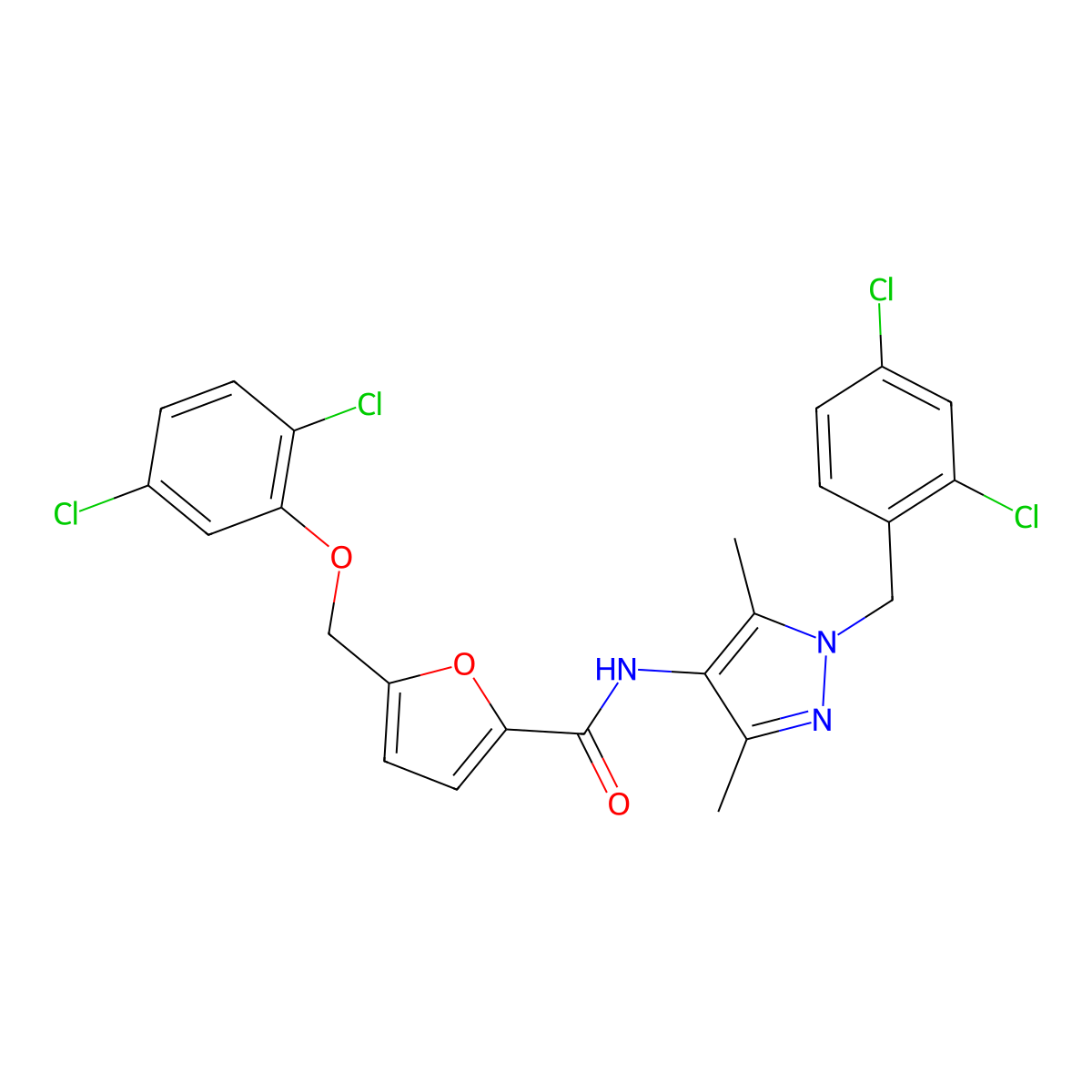 N-[1-(2,4-dichlorobenzyl)-3,5-dimethyl-1H-pyrazol-4-yl]-5-[(2,5-dichlorophenoxy)methyl]-2-furamide molecular structure, CAS 512808-88-7