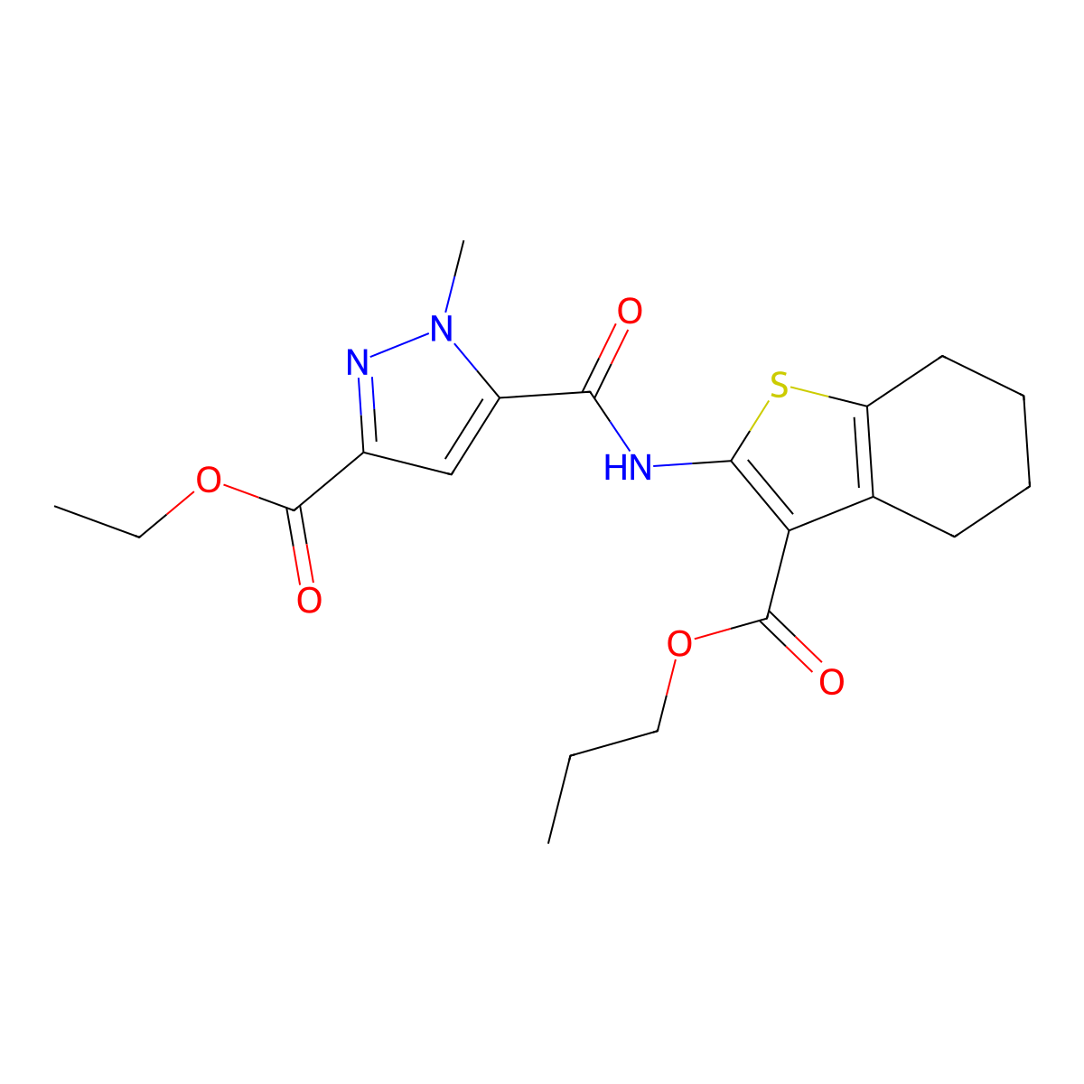 Ethyl 1-methyl-5-[(3-propoxycarbonyl-4,5,6,7-tetrahydro-1-benzothiophen-2-yl)carbamoyl]pyrazole-3-carboxylate molecular structure, CAS 512808-89-8