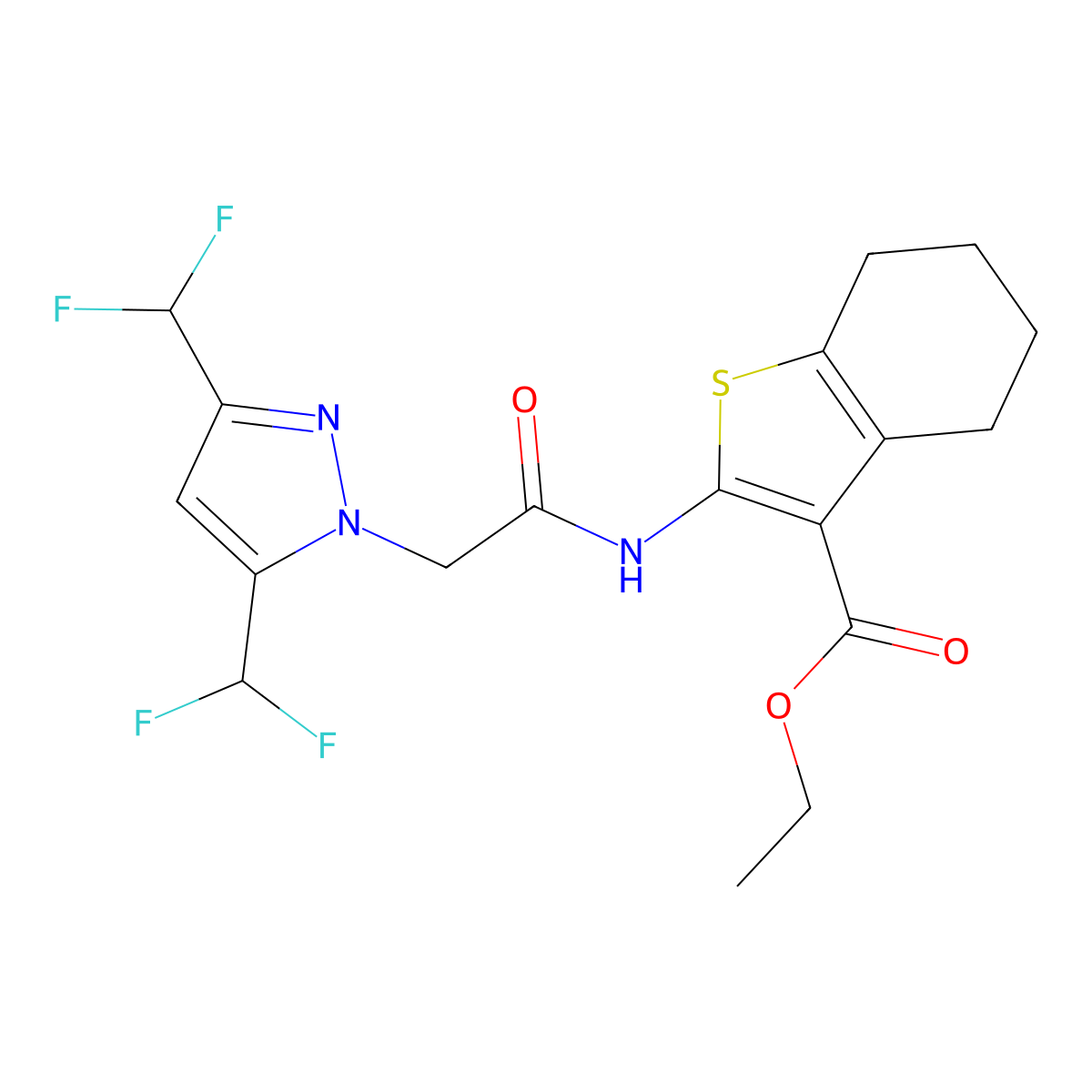 ethyl 2-({[3,5-bis(difluoromethyl)-1H-pyrazol-1-yl]acetyl}amino)-4,5,6,7-tetrahydro-1-benzothiophene-3-carboxylate molecular structure, CAS 512809-07-3