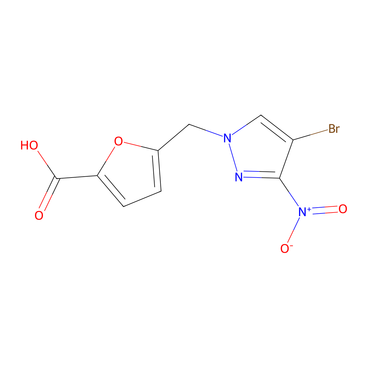 2-Furancarboxylic acid, 5-[(4-bromo-3-nitro-1H-pyrazol-1-yl)methyl]- molecular structure, CAS 512809-85-7