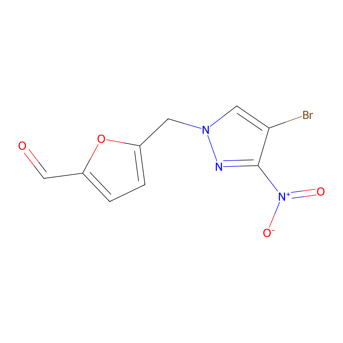 2-Furancarboxaldehyde, 5-[(4-bromo-3-nitro-1H-pyrazol-1-yl)methyl]- molecular structure, CAS 512809-99-3