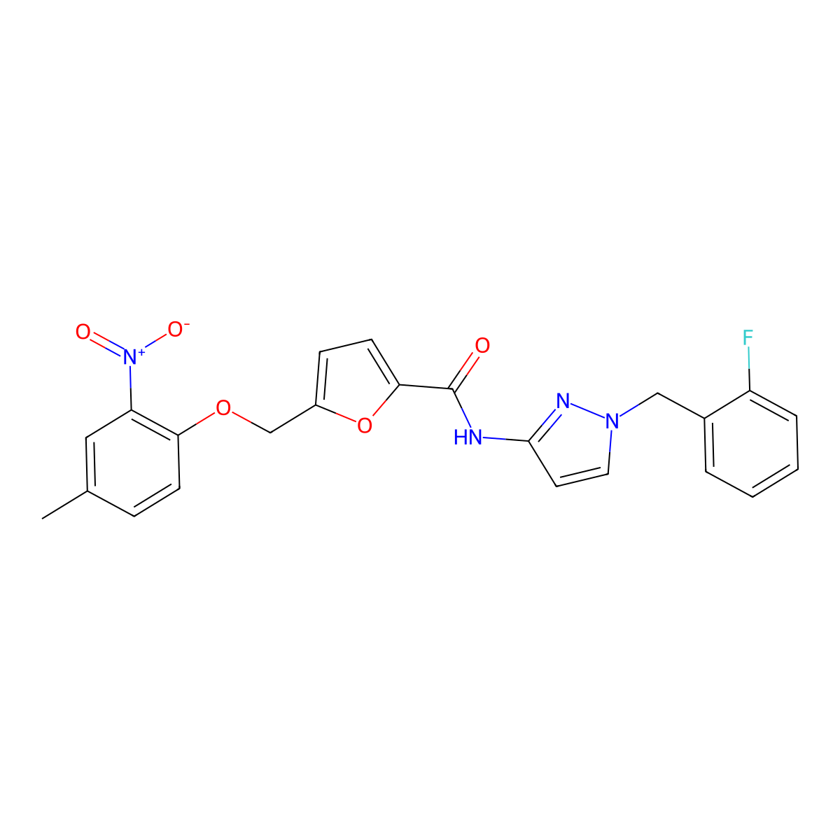 2-Furancarboxamide, N-(1-((2-fluorophenyl)methyl)-1H-pyrazol-3-yl)-5-((4-methyl-2-nitrophenoxy)methyl)- molecular structure, CAS 512810-28-5
