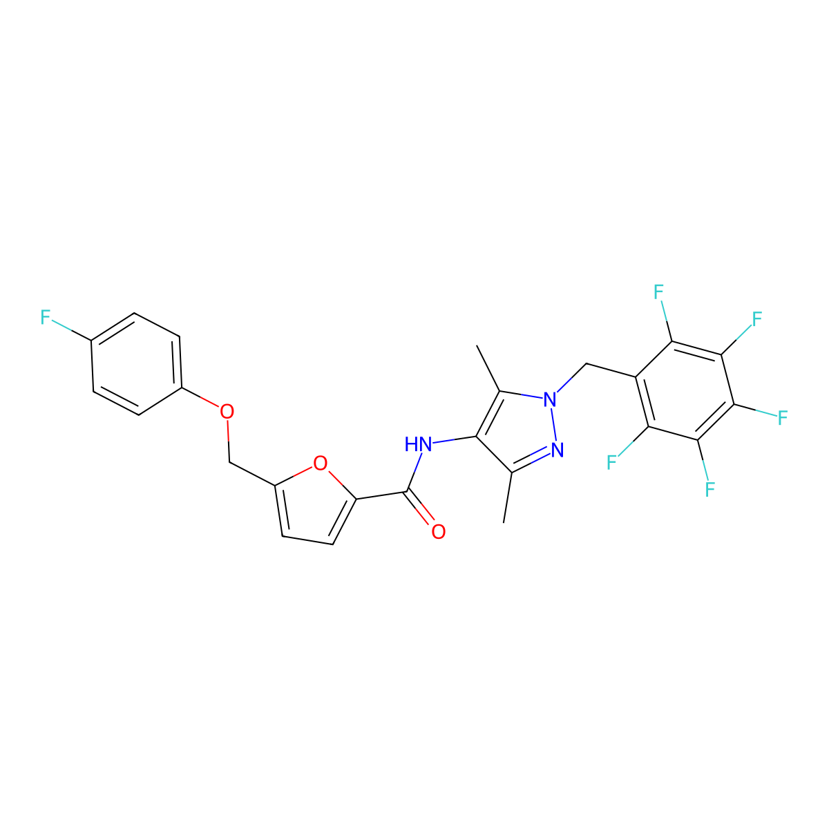 N-[3,5-dimethyl-1-(2,3,4,5,6-pentafluorobenzyl)-1H-pyrazol-4-yl]-5-[(4-fluorophenoxy)methyl]-2-furamide molecular structure, CAS 512810-30-9