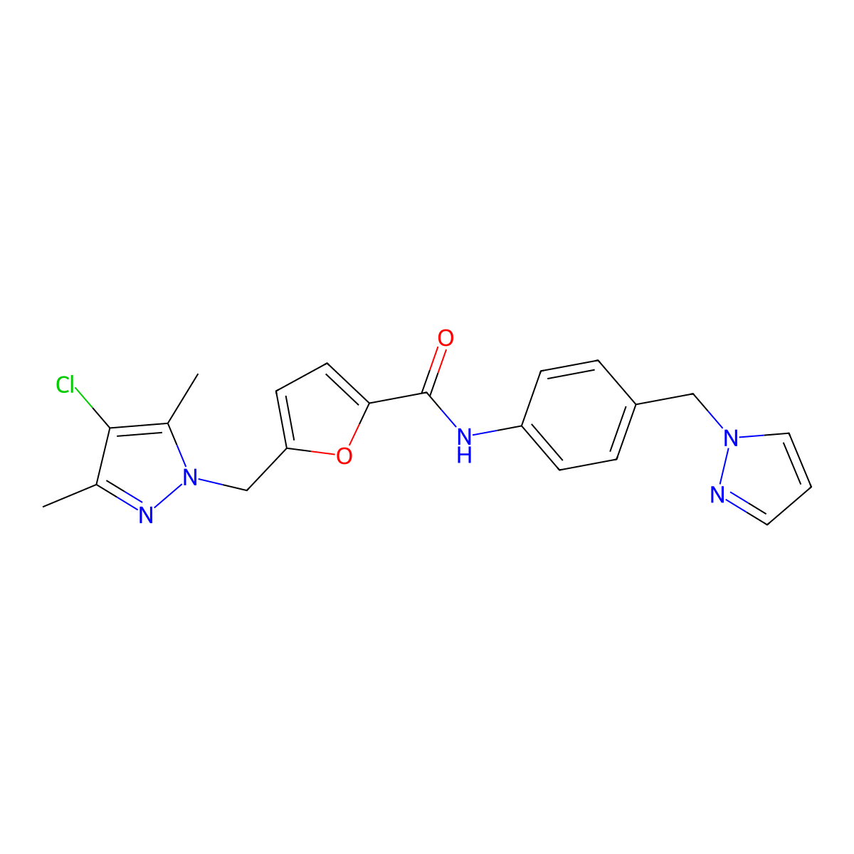 5-[(4-chloro-3,5-dimethylpyrazol-1-yl)methyl]-N-[4-(pyrazol-1-ylmethyl)phenyl]furan-2-carboxamide molecular structure, CAS 512810-86-5