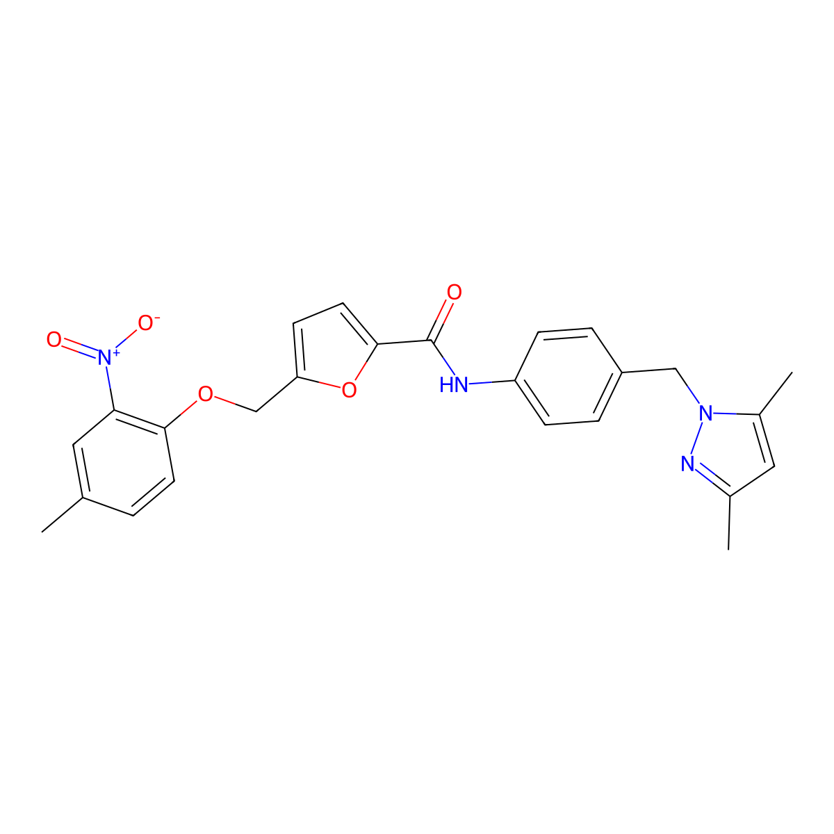 N-[4-[(3,5-dimethylpyrazol-1-yl)methyl]phenyl]-5-[(4-methyl-2-nitrophenoxy)methyl]furan-2-carboxamide molecular structure, CAS 512810-90-1