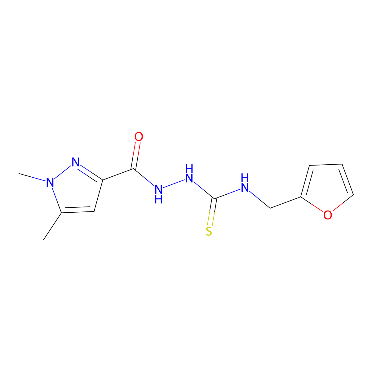 1,5-Dimethyl-1H-pyrazole-3-carboxylic acid 2-(((2-furanylmethyl)amino)thioxomethyl)hydrazide molecular structure, CAS 512810-97-8