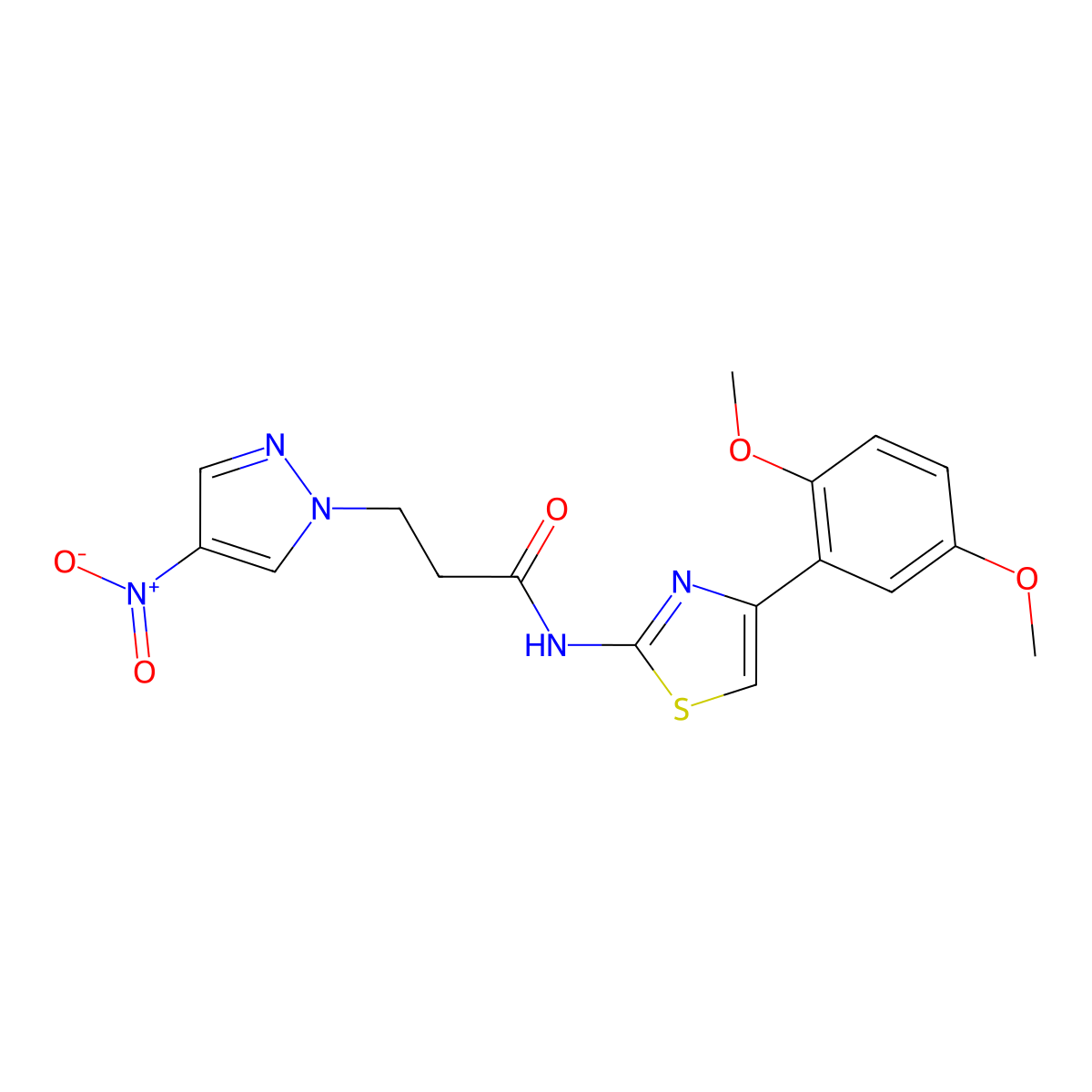 N-[4-(2,5-dimethoxyphenyl)-1,3-thiazol-2-yl]-3-(4-nitropyrazol-1-yl)propanamide molecular structure, CAS 512810-99-0