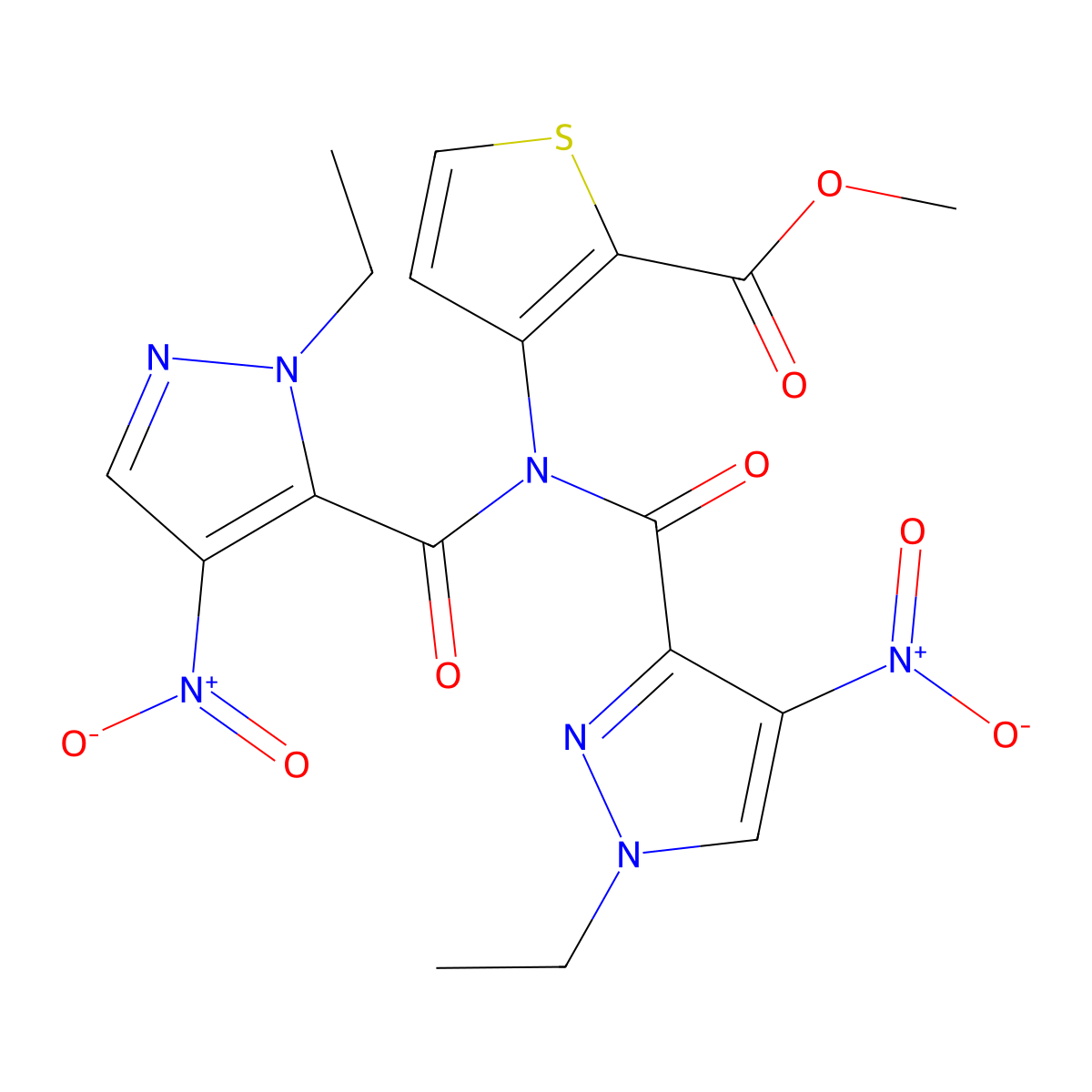 Methyl 3-[(1-ethyl-4-nitropyrazole-3-carbonyl)-(2-ethyl-4-nitropyrazole-3-carbonyl)amino]thiophene-2-carboxylate molecular structure, CAS 512811-02-8
