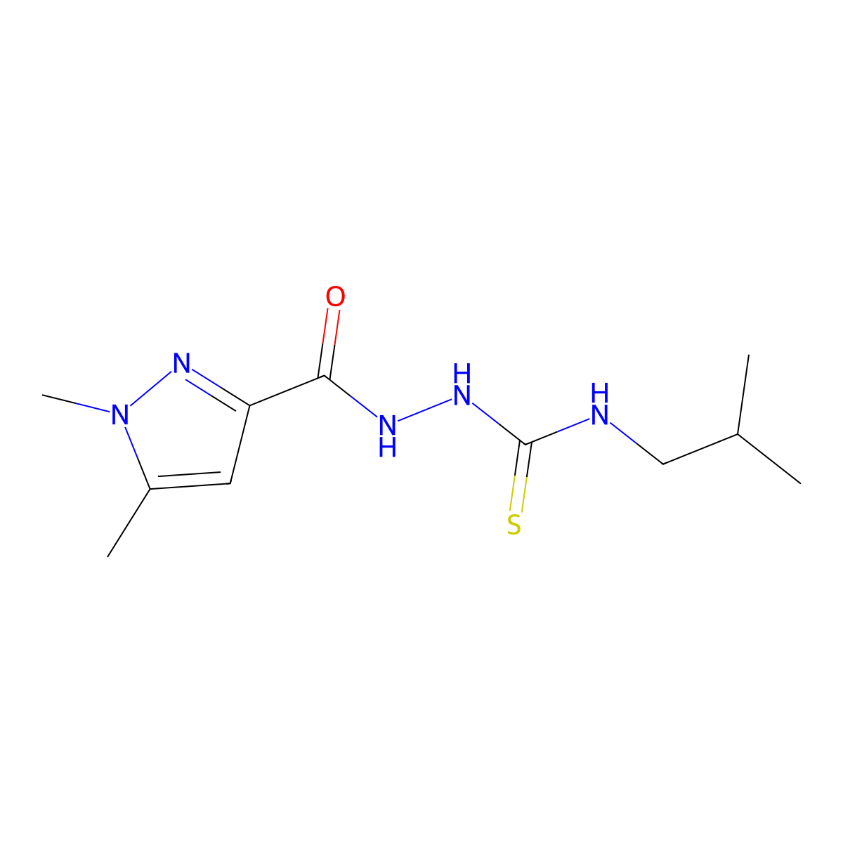 1-[(1,5-Dimethylpyrazole-3-carbonyl)amino]-3-(2-methylpropyl)thiourea molecular structure, CAS 512811-10-8