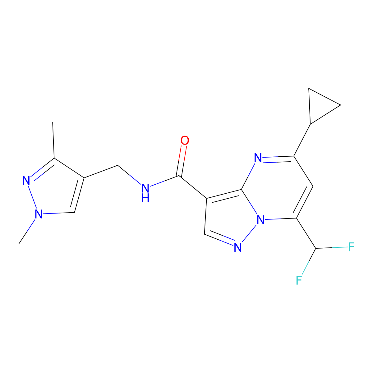 5-cyclopropyl-7-(difluoromethyl)-N-[(1,3-dimethyl-1H-pyrazol-4-yl)methyl]pyrazolo[1,5-a]pyrimidine-3-carboxamide molecular structure, CAS 512811-24-4