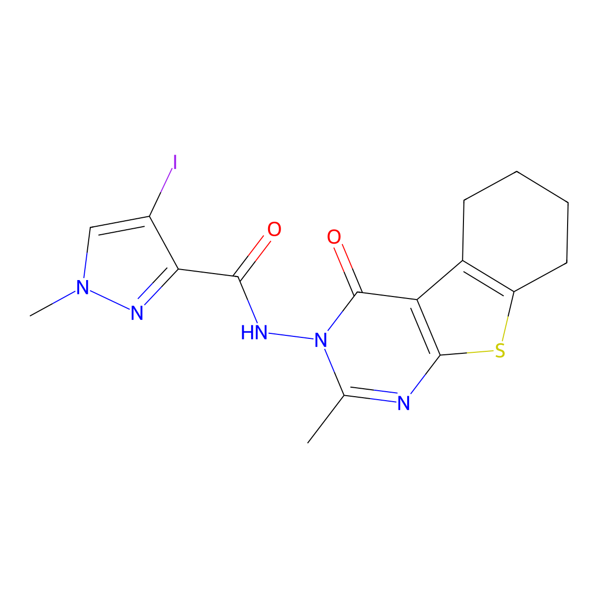 4-iodo-1-methyl-N-(2-methyl-4-oxo-5,6,7,8-tetrahydro-[1]benzothiolo[2,3-d]pyrimidin-3-yl)pyrazole-3-carboxamide molecular structure, CAS 512811-80-2