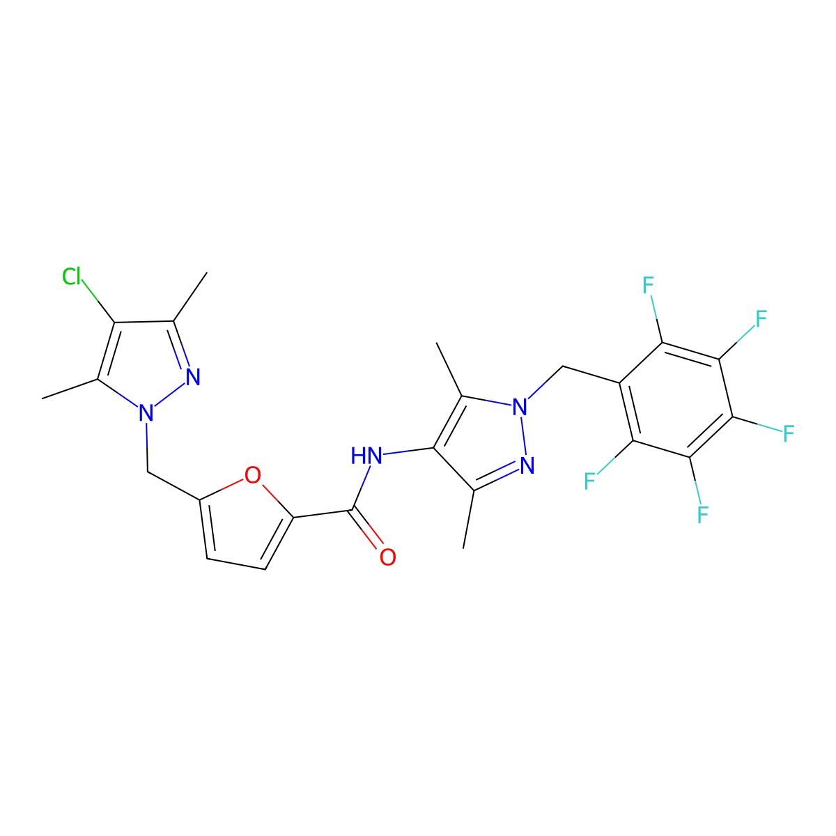 5-[(4-chloro-3,5-dimethylpyrazol-1-yl)methyl]-N-[3,5-dimethyl-1-[(2,3,4,5,6-pentafluorophenyl)methyl]pyrazol-4-yl]furan-2-carboxamide molecular structure, CAS 512811-82-4