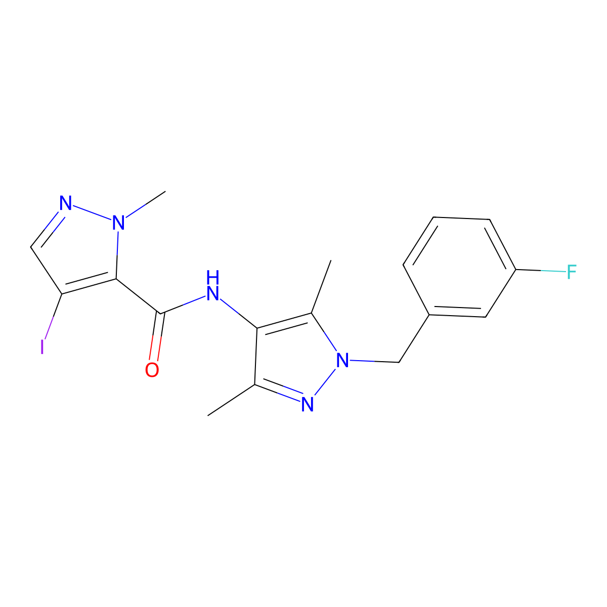 N-[1-[(3-fluorophenyl)methyl]-3,5-dimethylpyrazol-4-yl]-4-iodo-2-methylpyrazole-3-carboxamide molecular structure, CAS 512812-26-9