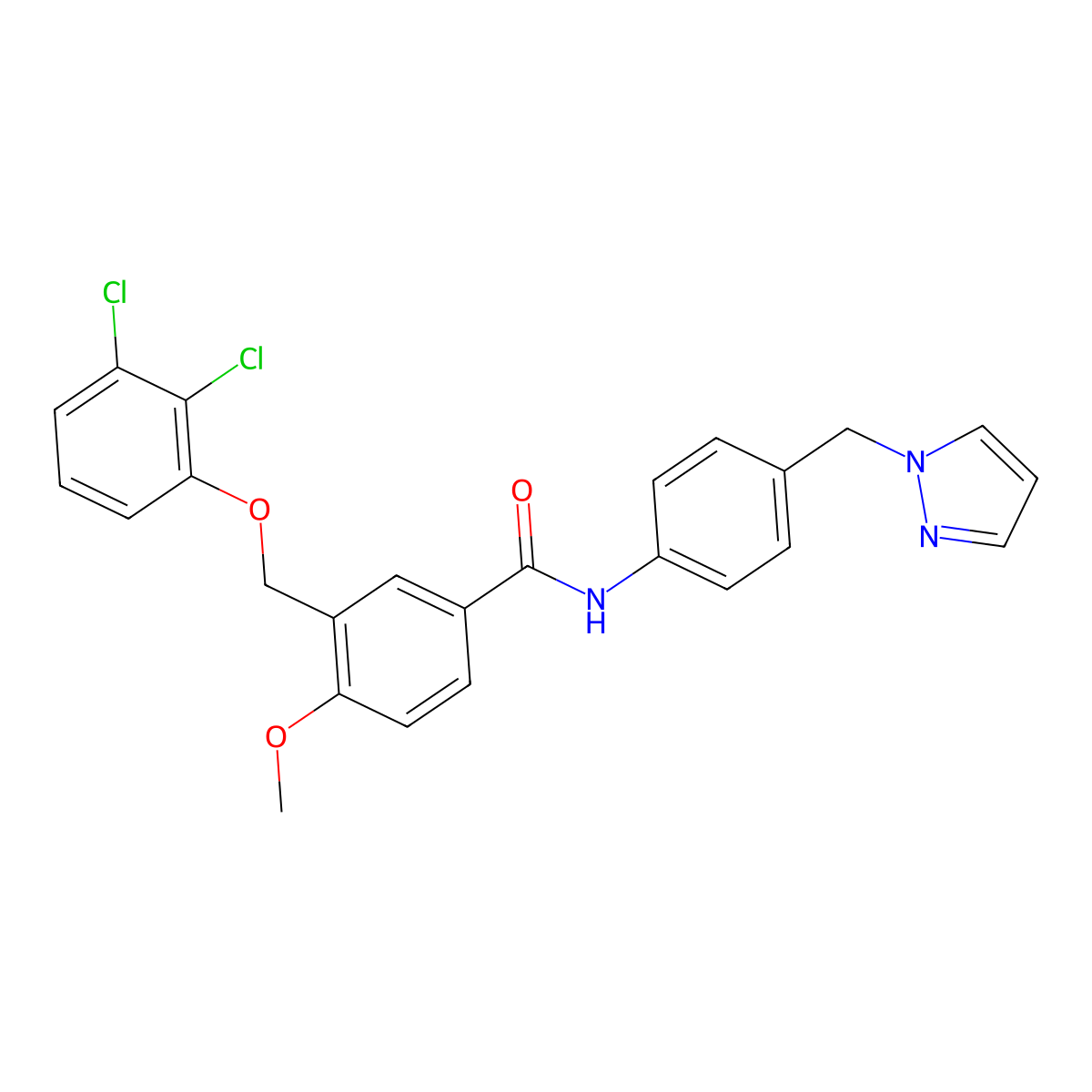 3-[(2,3-dichlorophenoxy)methyl]-4-methoxy-N-[4-(1H-pyrazol-1-ylmethyl)phenyl]benzamide molecular structure, CAS 512812-52-1