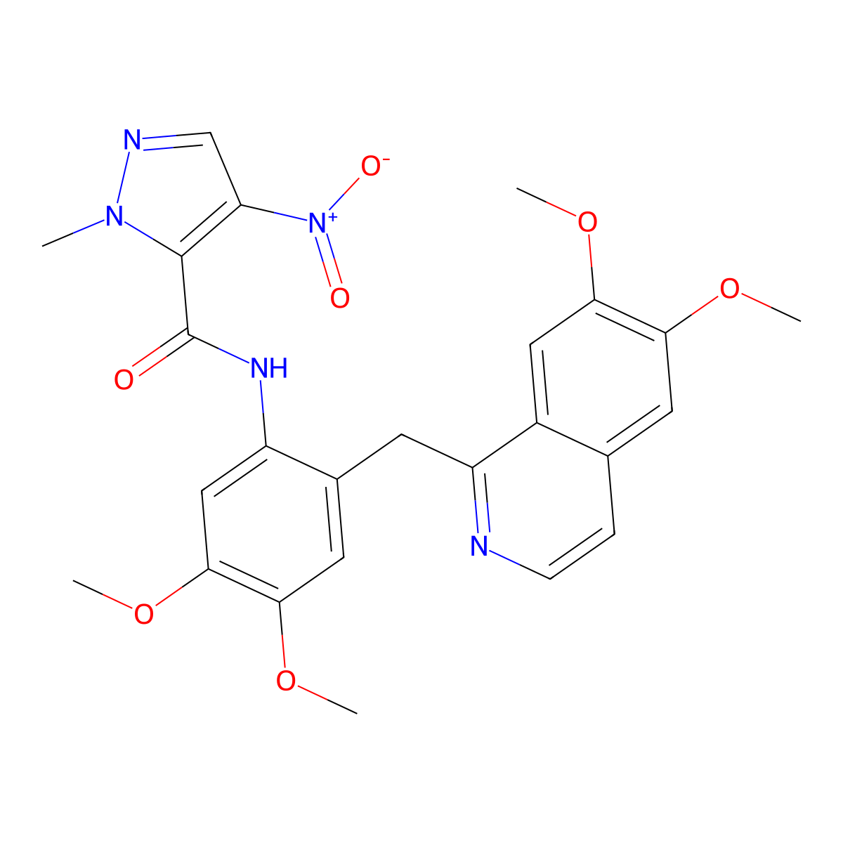 N-[2-[(6,7-dimethoxyisoquinolin-1-yl)methyl]-4,5-dimethoxyphenyl]-2-methyl-4-nitropyrazole-3-carboxamide molecular structure, CAS 512812-69-0