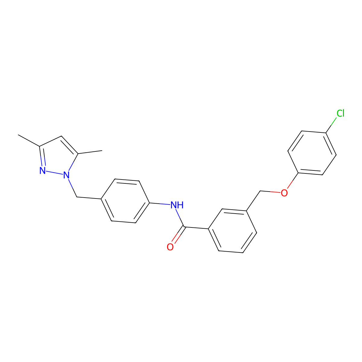 3-[(4-chlorophenoxy)methyl]-N-{4-[(3,5-dimethyl-1H-pyrazol-1-yl)methyl]phenyl}benzamide molecular structure, CAS 512812-85-0