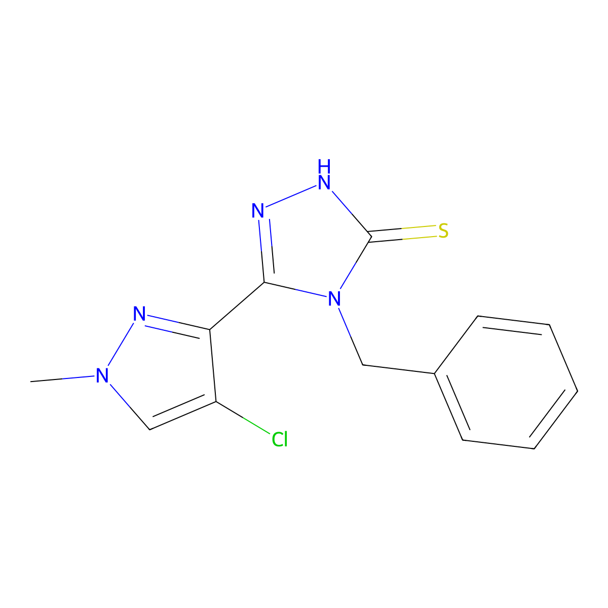 3H-1,2,4-Triazole-3-thione, 5-(4-chloro-1-methyl-1H-pyrazol-3-yl)-2,4-dihydro-4-(phenylmethyl)- molecular structure, CAS 512813-65-9