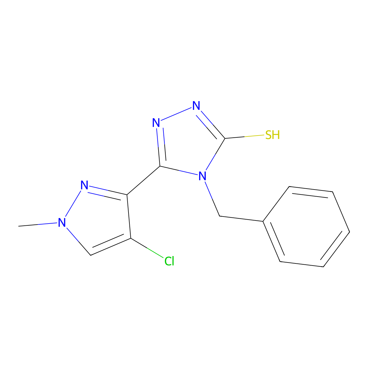 3H-1,2,4-Triazole-3-thione, 5-(4-chloro-1-methyl-1H-pyrazol-3-yl)-2,4-dihydro-4-(phenylmethyl)- molecular structure, CAS 512813-65-9