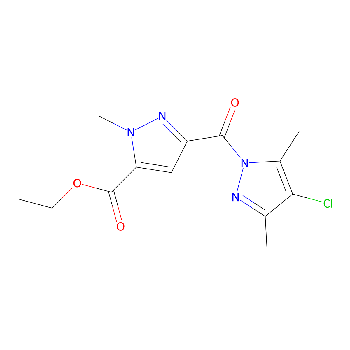 ethyl 3-[(4-chloro-3,5-dimethyl-1H-pyrazol-1-yl)carbonyl]-1-methyl-1H-pyrazole-5-carboxylate molecular structure, CAS 512813-92-2