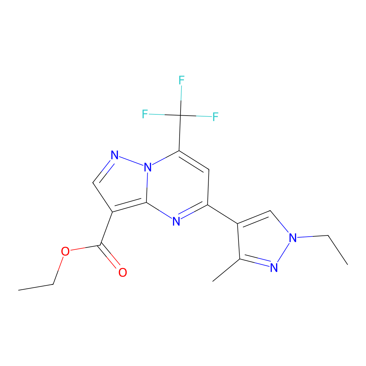 ethyl 5-(1-ethyl-3-methyl-1H-pyrazol-4-yl)-7-(trifluoromethyl)pyrazolo[1,5-a]pyrimidine-3-carboxylate molecular structure, CAS 512814-13-0