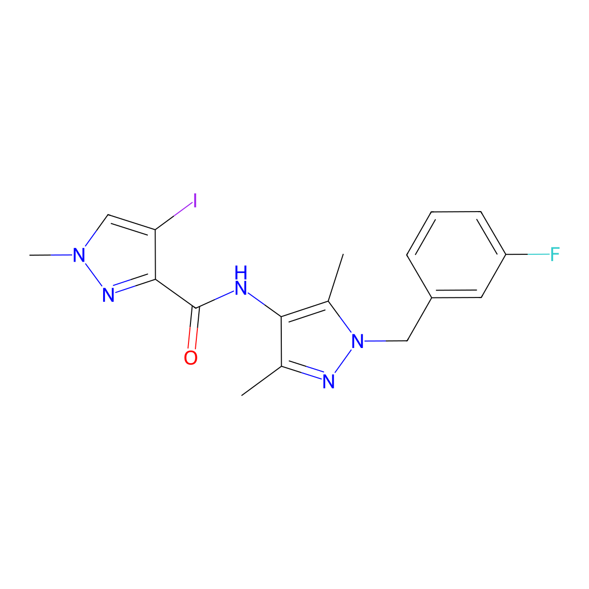 N-[1-(3-fluorobenzyl)-3,5-dimethyl-1H-pyrazol-4-yl]-4-iodo-1-methyl-1H-pyrazole-3-carboxamide molecular structure, CAS 512814-25-4