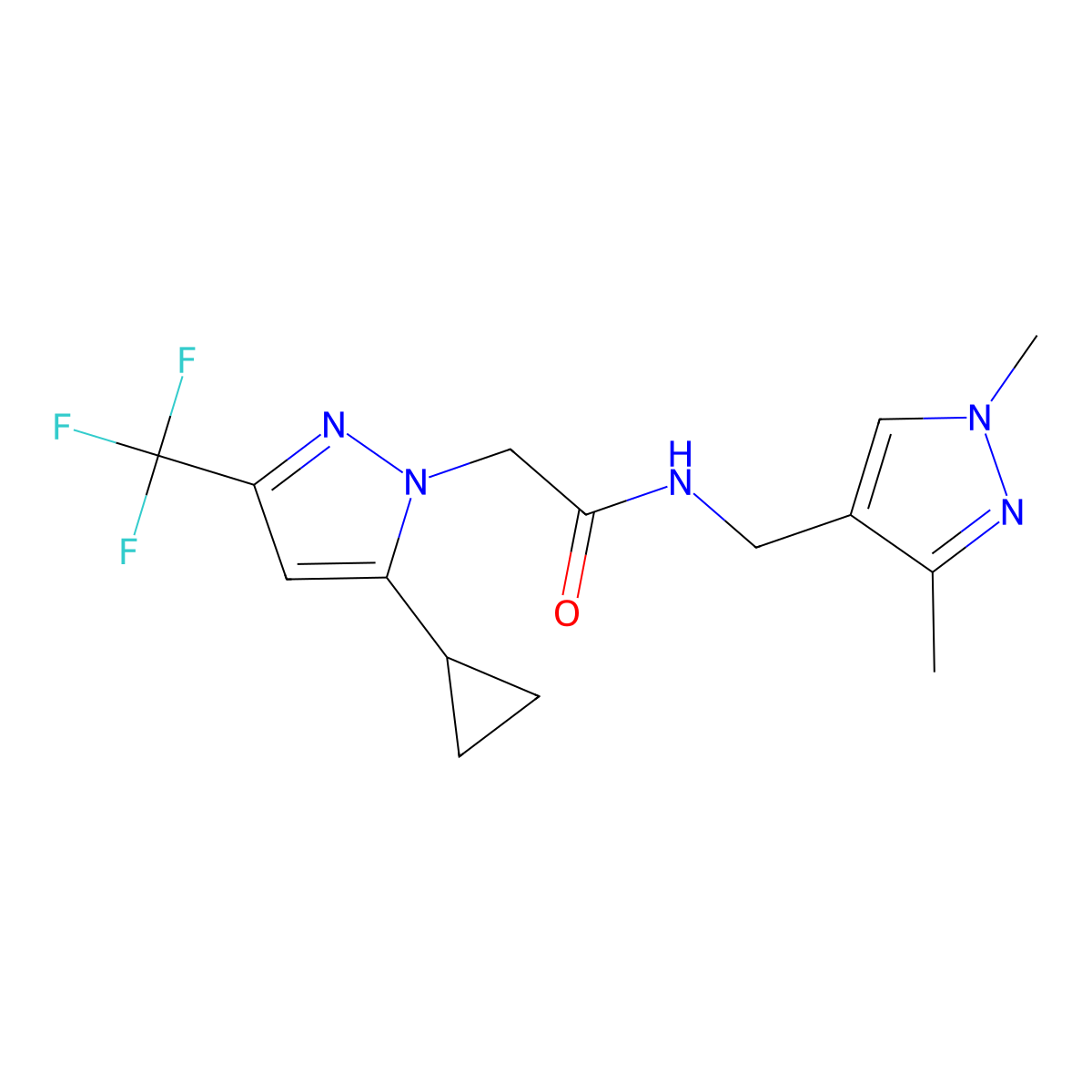2-[5-cyclopropyl-3-(trifluoromethyl)pyrazol-1-yl]-N-[(1,3-dimethylpyrazol-4-yl)methyl]acetamide molecular structure, CAS 512814-37-8