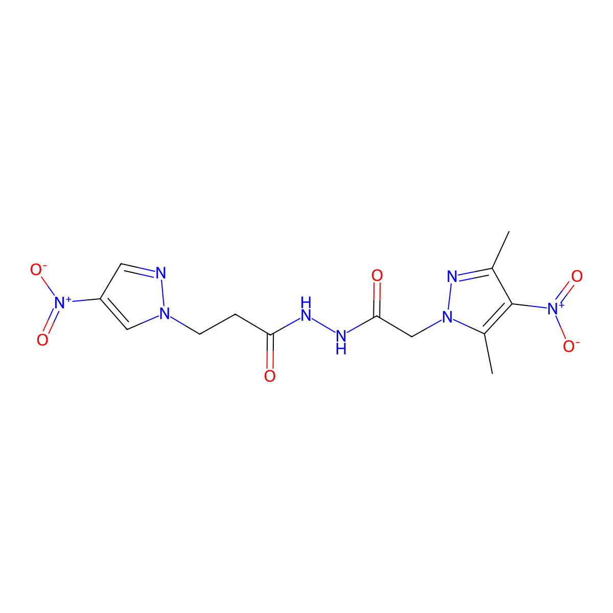 2-{4-nitro-3,5-dimethyl-1H-pyrazol-1-yl}-N'-(3-{4-nitro-1H-pyrazol-1-yl}propanoyl)acetohydrazide molecular structure, CAS 512814-41-4