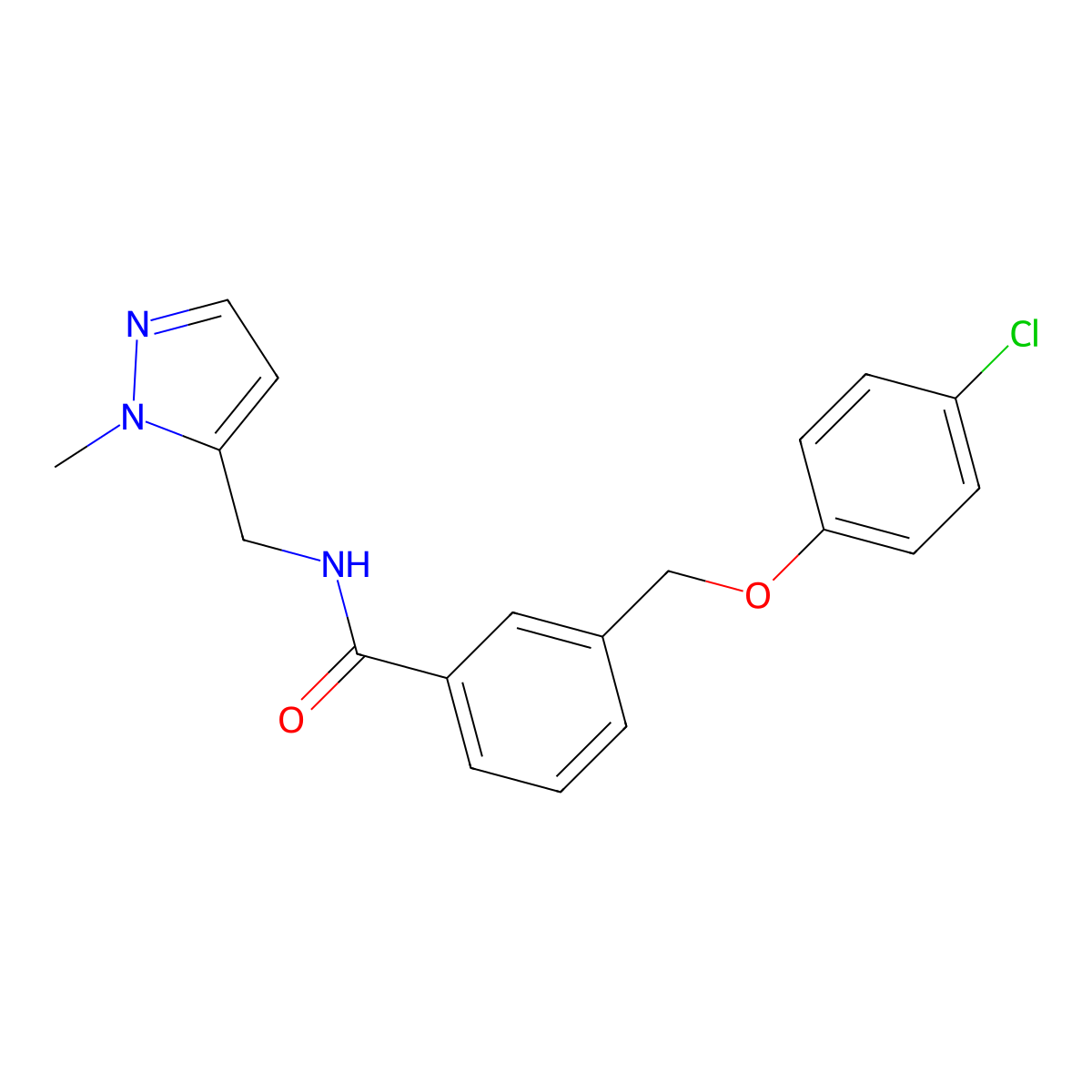 3-[(4-chlorophenoxy)methyl]-N-[(2-methylpyrazol-3-yl)methyl]benzamide molecular structure, CAS 512814-62-9