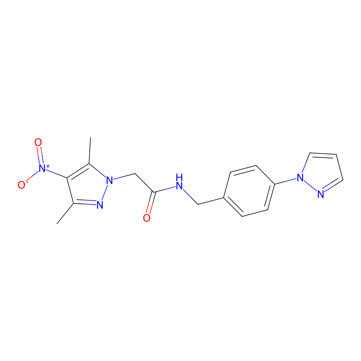 2-(3,5-dimethyl-4-nitropyrazol-1-yl)-N-[(4-pyrazol-1-ylphenyl)methyl]acetamide molecular structure, CAS 512815-17-7