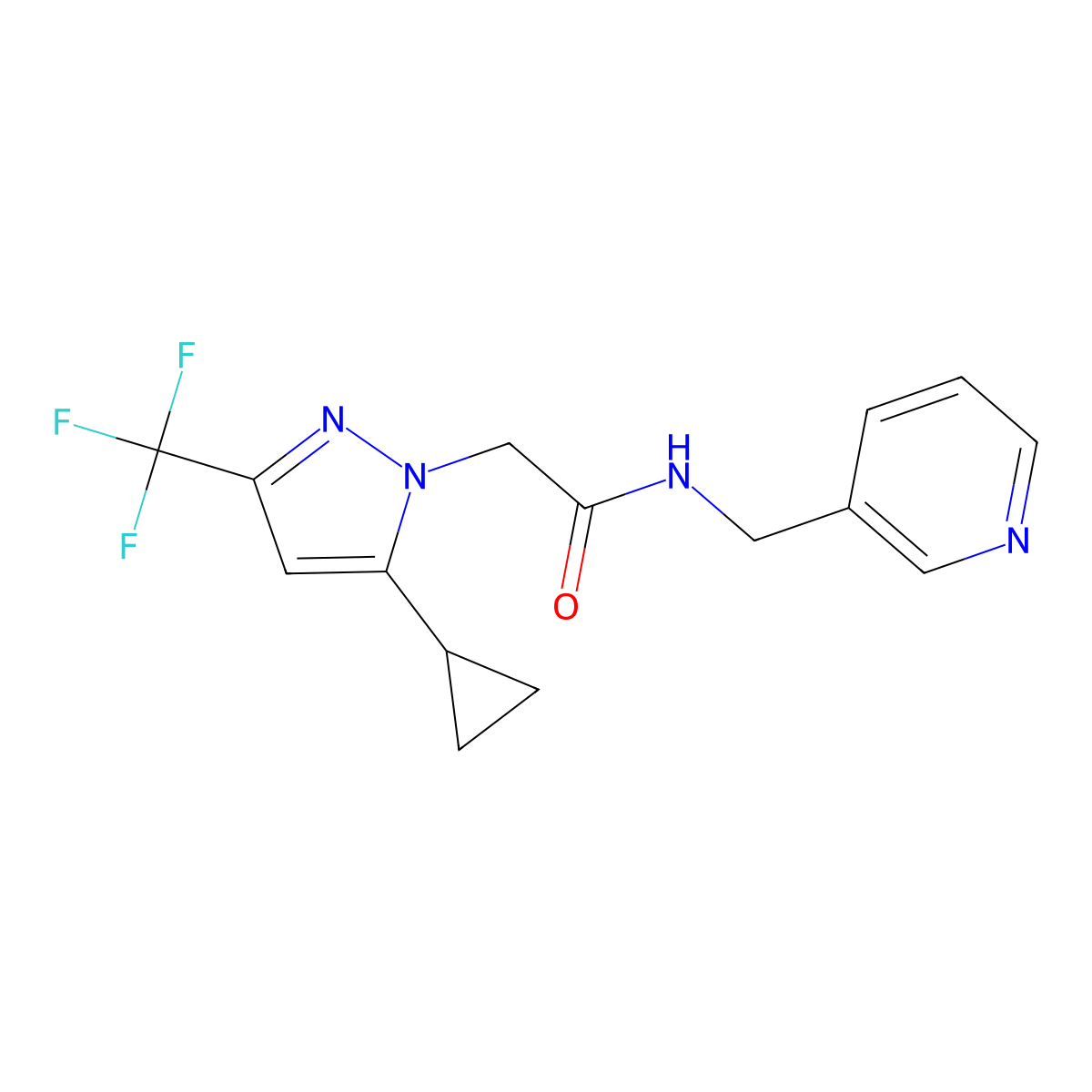 2-[5-cyclopropyl-3-(trifluoromethyl)pyrazol-1-yl]-N-(pyridin-3-ylmethyl)acetamide molecular structure, CAS 512815-44-0